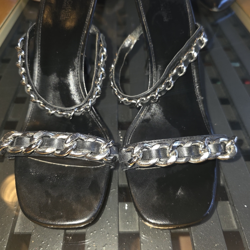 Michael Kors Elegant Black and Silver Chain Strap Sandals 4" Heels